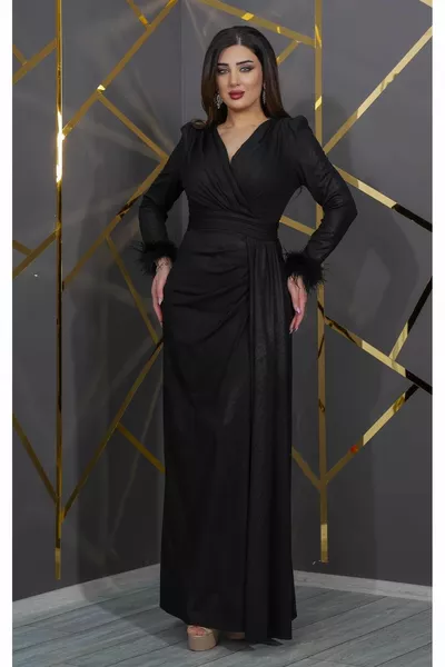 فستان طويل برباط تضييق بأكمام ريش - أسود