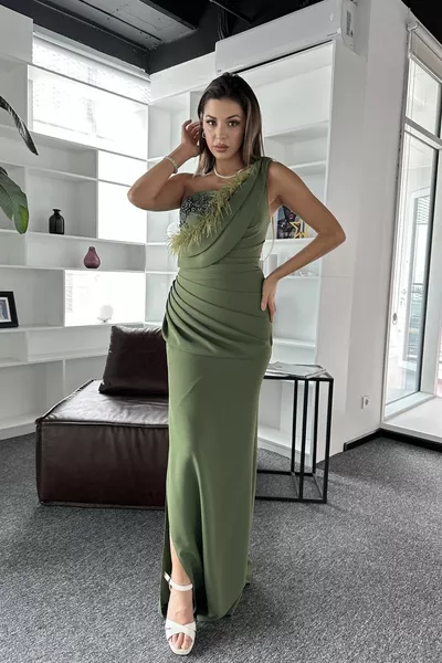 One Shoulder Feather And Chest Embroidery Detail Design Evening Dress