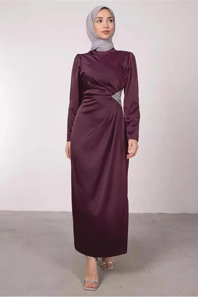 Dames pruimen stenen bedrukte geplooide gedetailleerde avondjurk T 