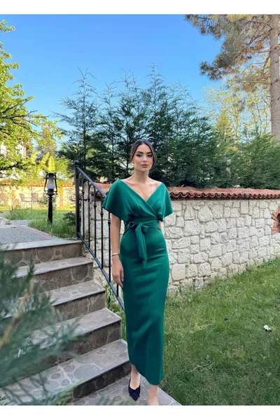 V-neck Low Shoulder Pencil Evening Dresses  GREEN