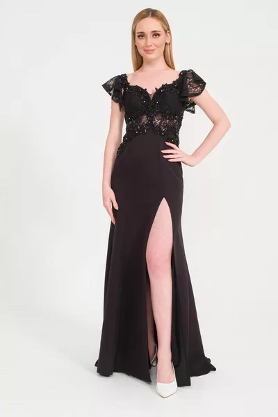 Black Madonna Collar Stone Detailed Evening Dress