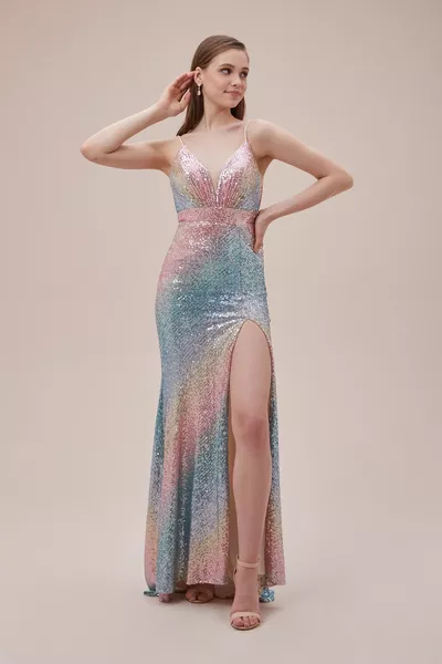 Viola Chan Colorful Sequin Embroidered Long Evening Dress with Slim Straps