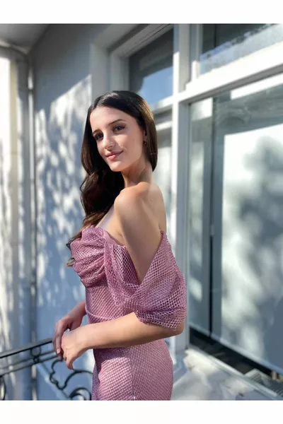 Off Shoulder Lacquered Mesh Fabric Pencil Skirt Evening Dress