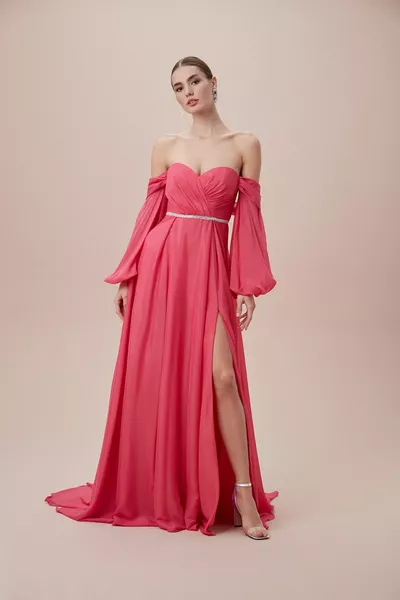 Fuchsia Dropped Shoulder Slit Chiffon Long Dress