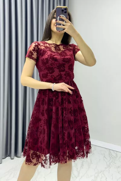 المرأة واسعة قطيع طباعة الأزهار منقوشة قصيرة الأكمام التخرج اللباس بورجوندي، أسود