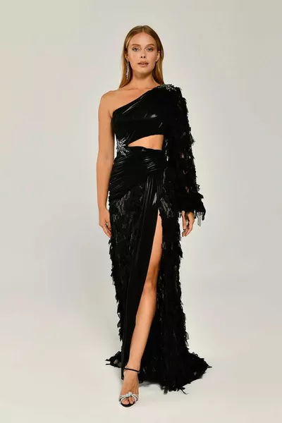 Single Sleeve Waist Brooch Slit Long Dress