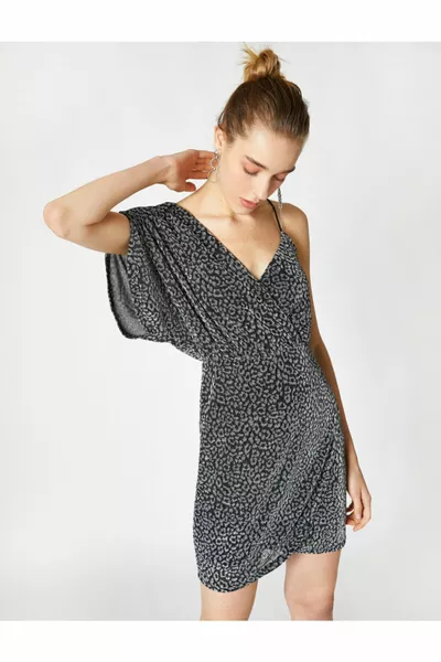 Women's Leopard Print Dress Evening Dress Single Shoulder Strap Double-Breasted Mini