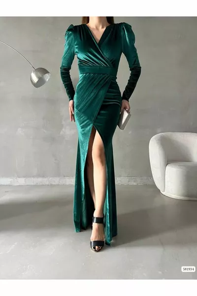 Double-breasted Collar Long Sleeve Slit Maxi Length Evening Dress