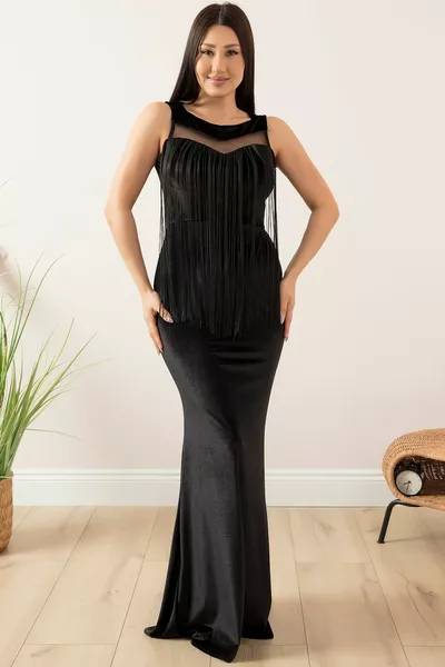 Tamar  Velvet Fringed Long Dress