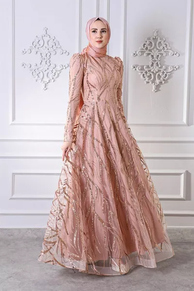  Dik Yaka Tül Giriter Kloş Abiye Bakır