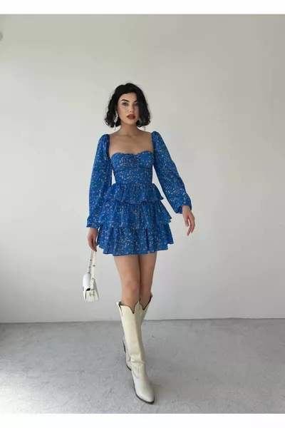 МИНИ-КОРСЕТНОЕ ПЛАТЬЕ СИНЕГО ЦВЕТА С ЦВЕТОЧНЫМ ПРИНТОМ