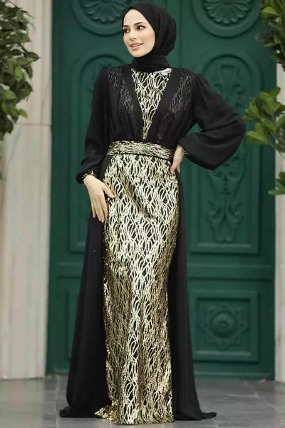 فستان سهرة محجب - فستان سهرة محجب أسود مع تفاصيل عباءة S