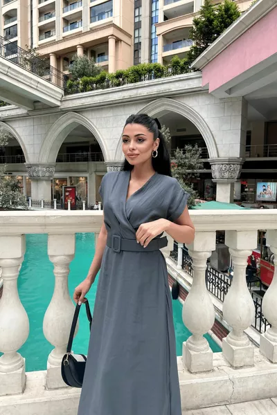 Robe midi à encolure croisée en tissu modal - ANTRASİT