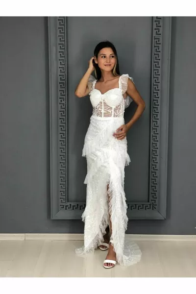 Beyaz Askılı Kat Kat Eteği Güpürlü Yeni Sezon Transparan Abiye  