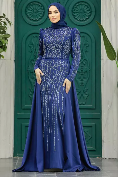 Hijab Abendkleid - Perlenbesetzt Marineblau Hijab Abendkleid L
