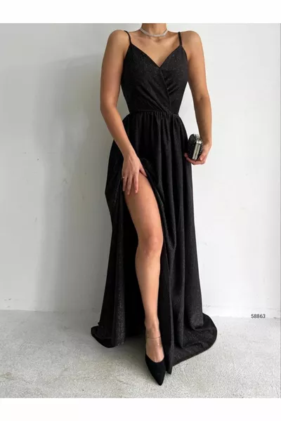 Двуреден яка блясък дизайн цепка вечерна рокля сватба годеж дипломирането рокля