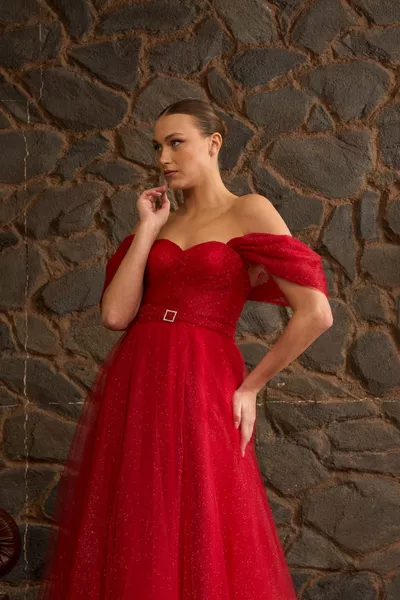 أحمر بريق رايات ماكسي طول حزام مفصلة شفافة مساء اللباس والسهرة اللباس