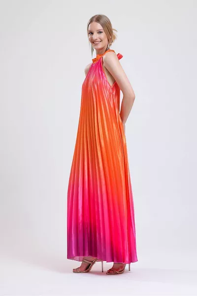Pleated Long Evening Dress Satin Dress |  Fuchsia
