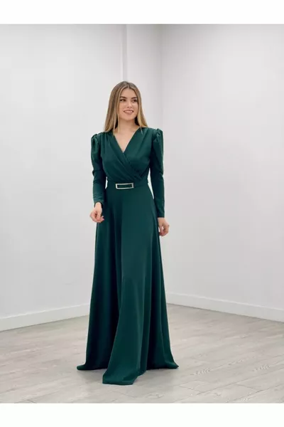 فستان كيوش بياقة مزدوجة الصدر من قماش كريب - أخضر زمرد