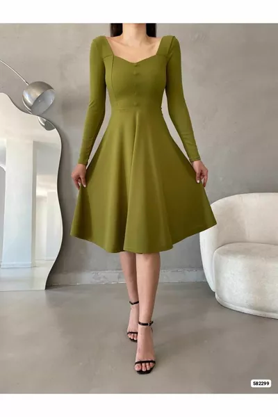 Сърце яка дълъг ръкав бутон дизайн Midi дължина вечерна рокля