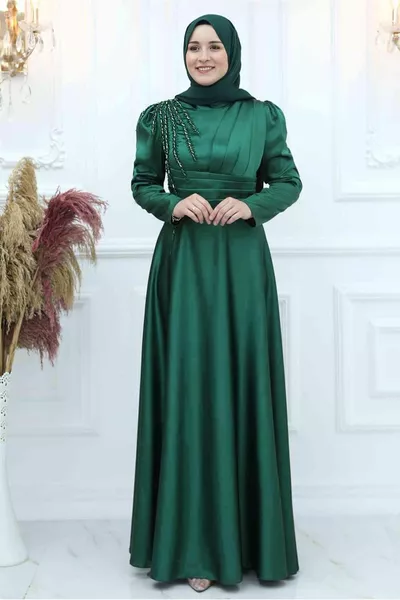 المرأة الأخضر (الزمرد) الديكور مفصلة الساتان مساء اللباس T 