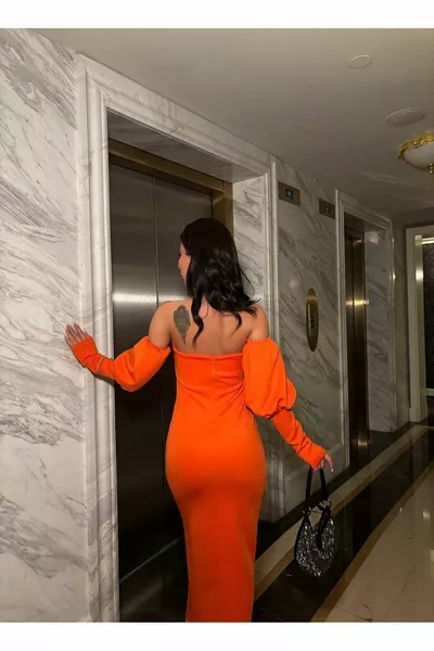 WOMEN'S ORANGE STRAPLESS SLEEVE DETAILED LONG PENCIL DRESS