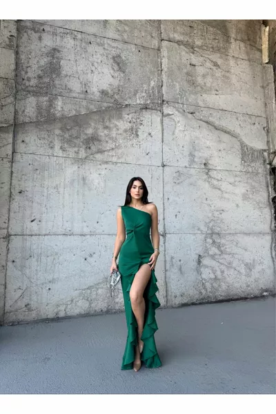 Nastiya One Shoulder Ruffle Slit Evening Dresses  EMERALD