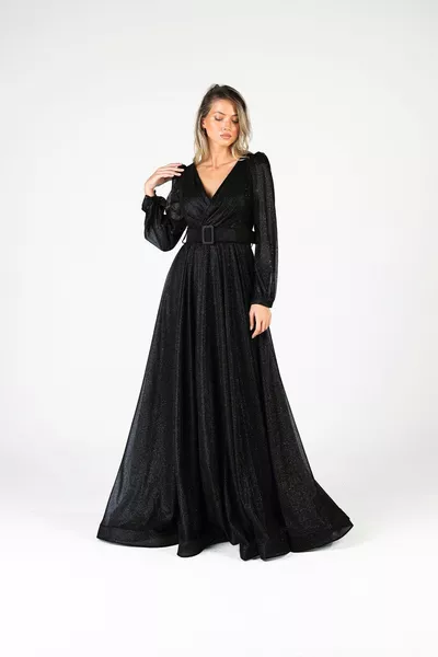 أسود حزام طويل الأكمام بريق الشيفون مساء اللباس