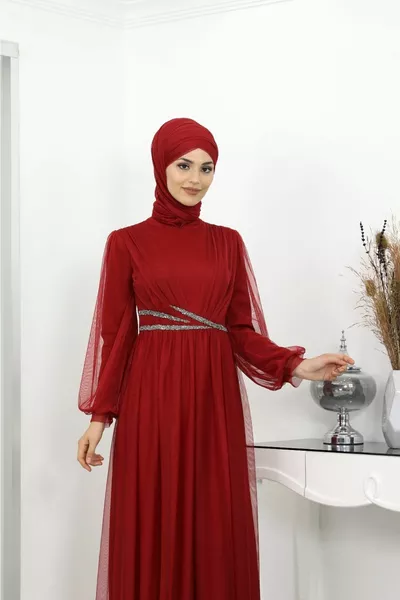 Bead Deyatlı aysima Hijab Evening Dress Red