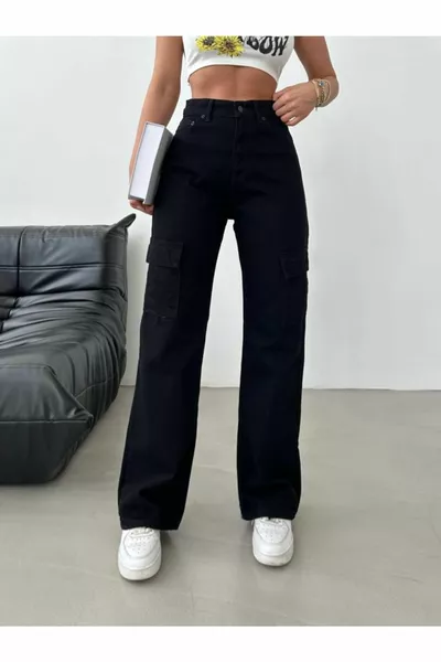 أسود البضائع جيب ليغو واسعة فضفاضة الساق عالية الخصر