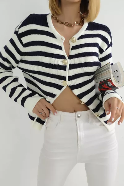 المرأة الأزرق الداكن مخطط طاقم الرقبة مضلع الذهب زر مفصلة تريكو كارديجان