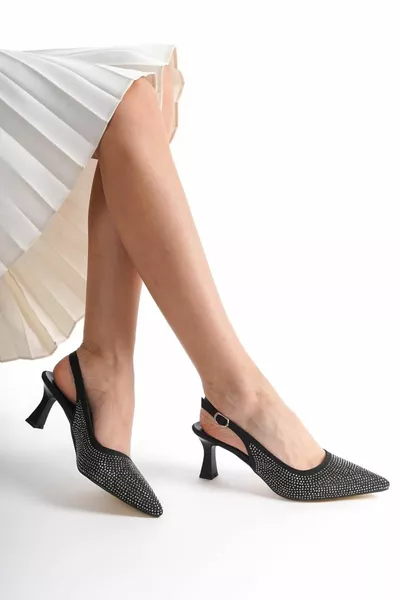 المرأة الساتان نقطة ستون أسود مساء اللباس فتح الظهر الأحذية