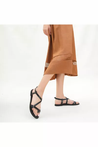 صندل نسائي نسائي أسود مصنوع يدويا من جلد طبيعي - 