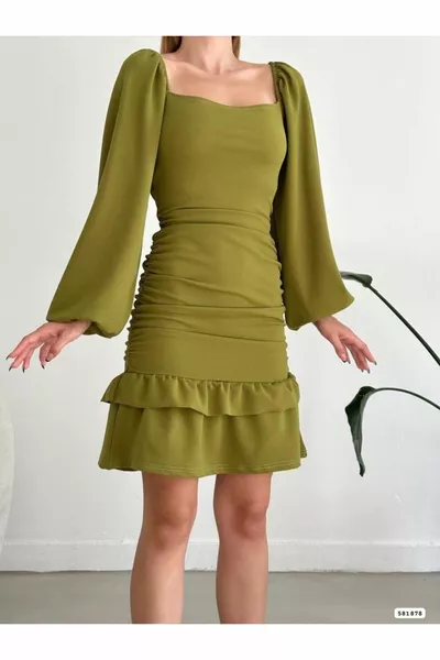 Квадратно деколте балон ръкав драпирани пола разрошени мини вечерна рокля