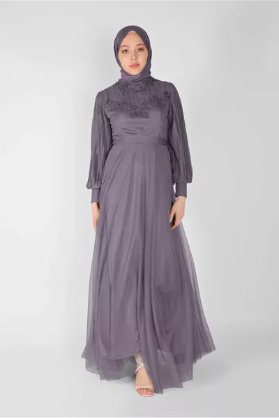 Kadın Mor (LAVANTA) Incili Nakışlı Abiye Elbise 