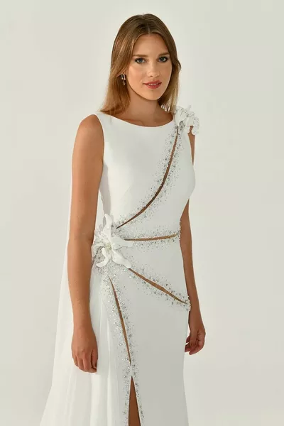 Pearl Long Dress with Slit Shawl with Floral and Stone Accessories