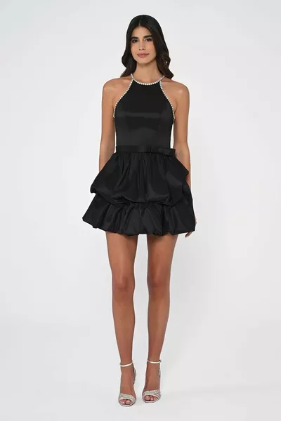 Lapel Stone Layered Balloon Skirt Taffeta Fabric Short Dress