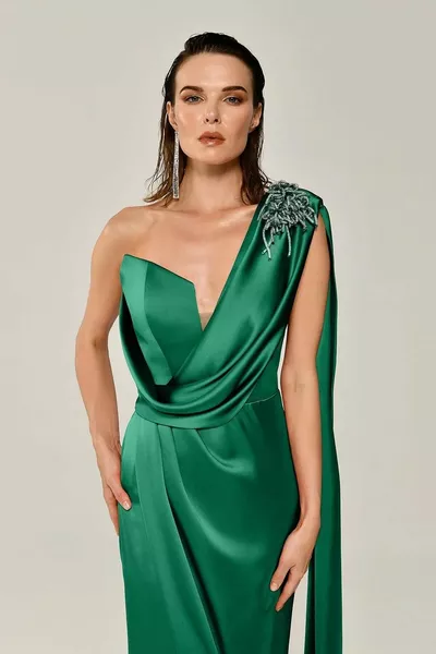 Алфа бета рамо подробни едно рамо зелени дамски вечерни рокля 