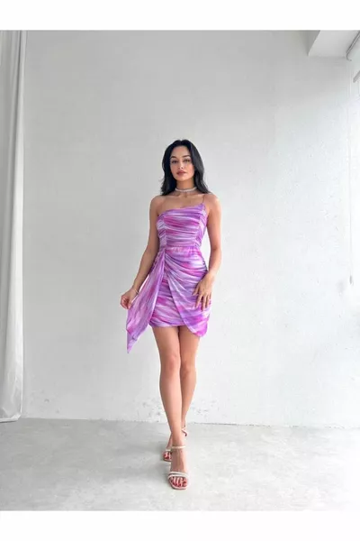 Единична презрамка висулка плат подробни тюл люляк мини рокля - вечерна рокля и дипломирането рокля