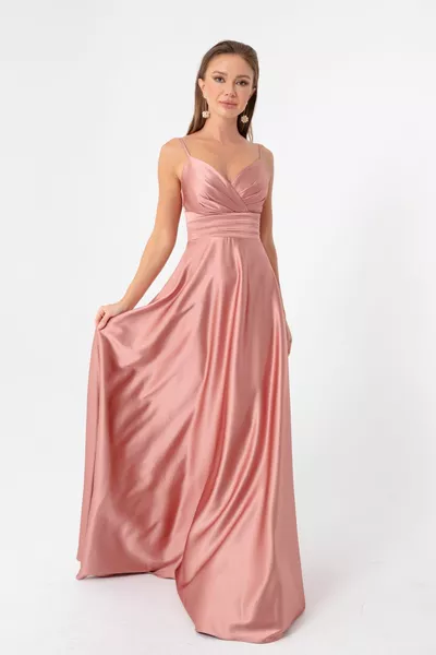 Women's Salmon Rope Strap Waist Belt Satin Long Evening Dress & Graduation Dress