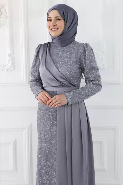 Grigio cristallo conico pietra stampata drappeggio dettagliato Ecmel Hijab abito da sera donna