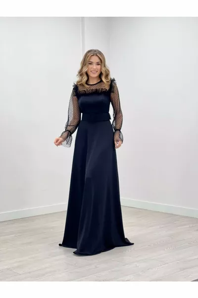 كريب قماش بولكا دوت مفصلة كيلوش مساء اللباس - أسود