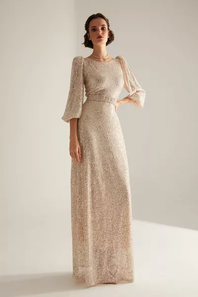 تألق الترتر دوري بالون الأكمام ماكسي طول مساء اللباس