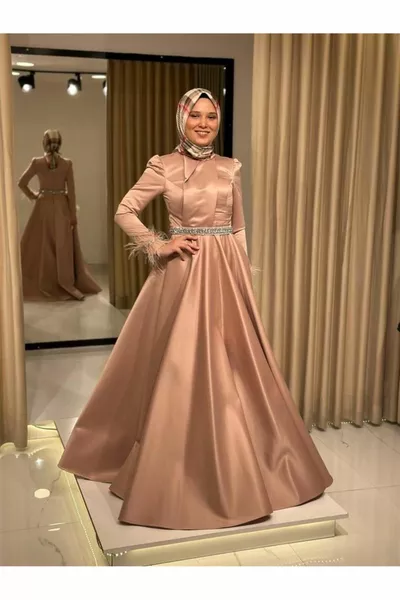 Stelle di rosa essiccate Nuova Stagione Hijab Satin Waist Maniche Con Cintura Piumato Elegante Abito Da Sera Abito Da Sera 
