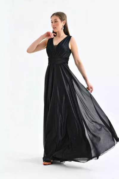 Sleeveless V-Neck Glitter Long Evening Dress