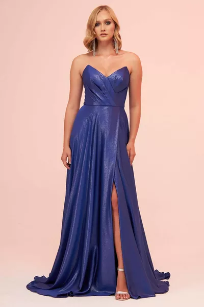 Saks Foil Bolerolu Yırtmaçlı Uzun Abiye Elbise