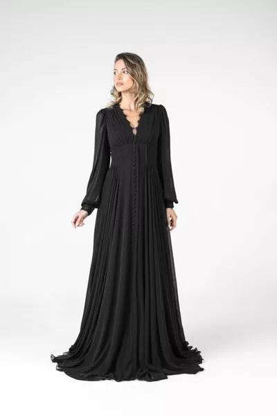 كم طويل أزرار سوداء الشيفون مساء اللباس