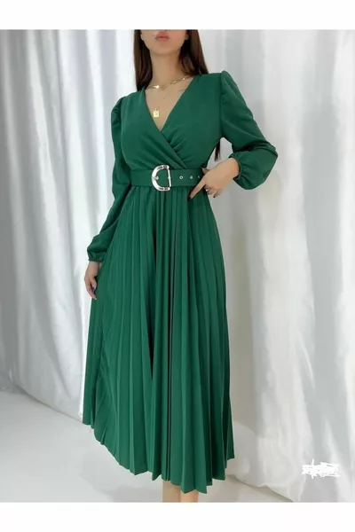 V Yaka Uzun Kollu Yeşil Renk Pliseli Kemerli Midi Boy Abiye Ve Mezuniyet Elbisesi  .