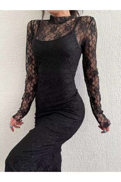 Hnd Trend Женское платье Midiboy с вырезом стоя на кружевной подкладке с длинным рукавом ниже колена