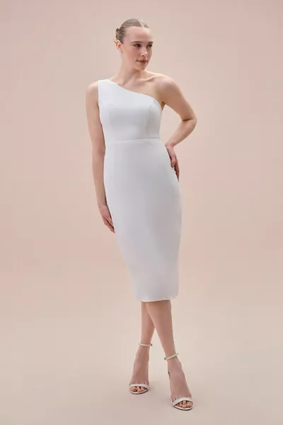 واحد الكتف جيرسي النسيج ميدي طول فستان الزفاف الأبيض